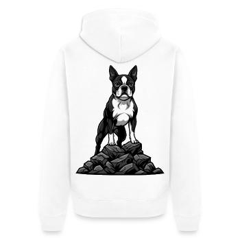 Chien Boston Terrier sur Rocher Portrait Tuxedo - Veste à capuche bio Premium Unisexe - blanc - Dos - Thijin (182cm)