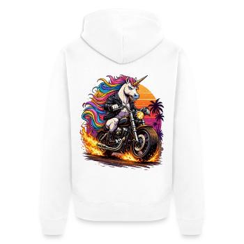 Einhorn-Motorrad im Neon-Sunset - Unisex Premium Bio Zip Hoodie - Weiß - Hinten - Thijin (182cm)