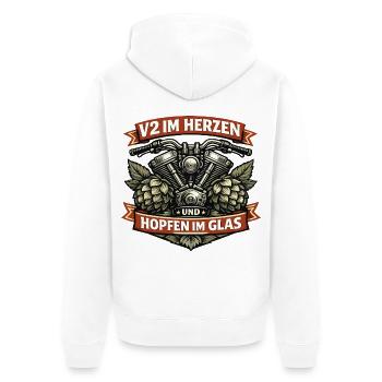 V2 im Herzen Hopfen im Glas Biker Spruch - Unisex Premium Bio Zip Hoodie - Weiß - Hinten - Thijin (182cm)