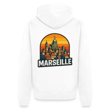 Marseille France Retro Sunset Skyline Art - Unisex Premium Organic Zip Hoodie - white - Back - Thijin (182cm)