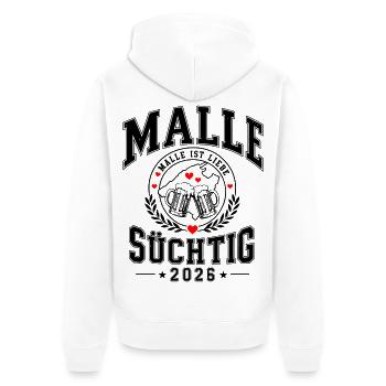 Malle 2026 Wir sind alle Malle süchtig Mallorca 26 - Unisex Premium Bio Zip Hoodie - Weiß - Hinten - Thijin (182cm)