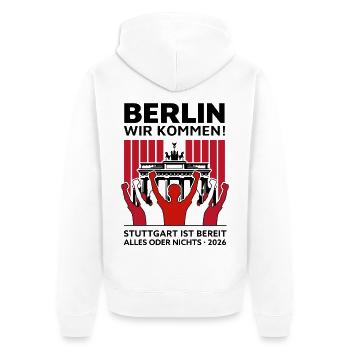 Berlin wir kommen! – Stuttgart Berlin Finale - Unisex Premium Bio Zip Hoodie - Weiß - Hinten - Thijin (182cm)