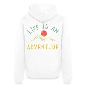 Das Leben ist ein Abenteuer – Mountain Sunrise Descripti - Unisex Premium Bio Zip Hoodie - Weiß - Hinten - Thijin (182cm)