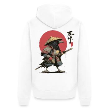 Krähen-Samurai: Roter Sonnenkrieger - Unisex Premium Bio Zip Hoodie - Weiß - Hinten - Thijin (182cm)