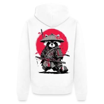 Waschbär-Samurai unter Crimson Moon - Unisex Premium Bio Zip Hoodie - Weiß - Hinten - Thijin (182cm)