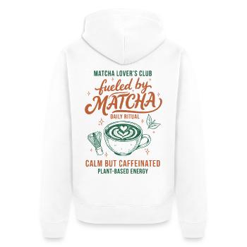 Matcha Lovers Club Angetrieben von Matcha Ruhe Aber - Unisex Premium Bio Zip Hoodie - Weiß - Hinten - Thijin (182cm)