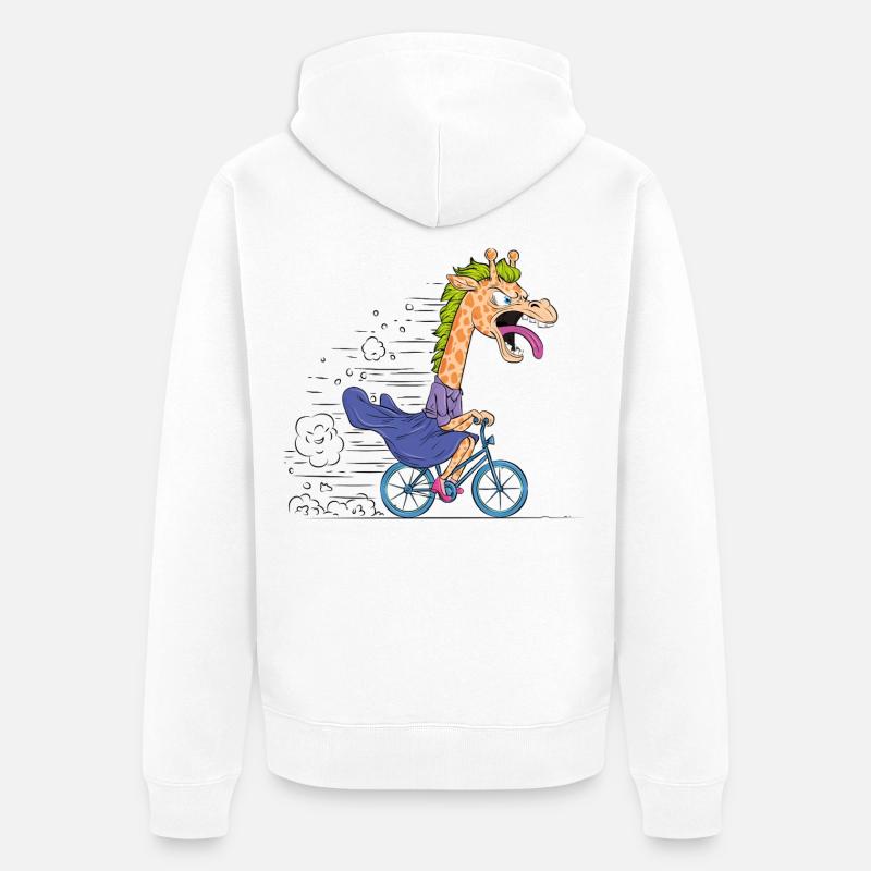 Dessin animé Girafe sur Vélo - Veste à capuche bio Premium Unisexe - blanc