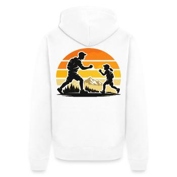 Papa Kind Wanderabenteuer bei Sonnenuntergang  - Unisex Premium Bio Zip Hoodie - Weiß - Hinten - Thijin (182cm)