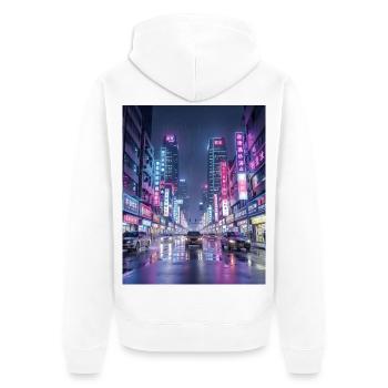 Paysage urbain de pluie néon - Veste à capuche bio Premium Unisexe - blanc - Dos - Thijin (182cm)