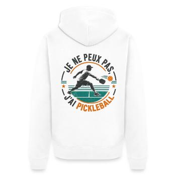 Ich kann nicht, ich habe Pickleball – Humorsport. - Unisex Premium Bio Zip Hoodie - Weiß - Hinten - Thijin (182cm)