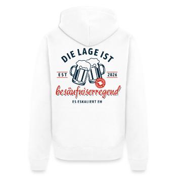 Malloca 2026 | Die Lage Ist beäufnis erregend  - Unisex Premium Bio Zip Hoodie - Weiß - Hinten - Thijin (182cm)