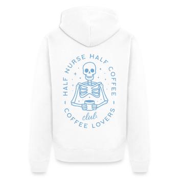 Halb Krankenschwester, halb Kaffee, lustiges Pflegeleben - Unisex Premium Bio Zip Hoodie - Weiß - Hinten - Thijin (182cm)