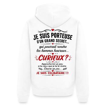 Curieux ? Secret dévoilé ! (Je suis célibataire) - Veste à capuche bio Premium Unisexe - blanc - Dos - Thijin (182cm)