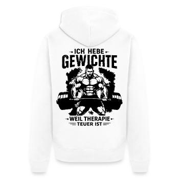 Ich hebe Gewichte weil Therapie teuer ist - Unisex Premium Bio Zip Hoodie - Weiß - Hinten - Thijin (182cm)