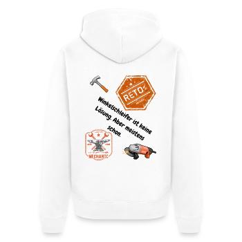 Schlosser Shirt: Passt nicht? Wird passend gemacht - Unisex Premium Bio Zip Hoodie - Weiß - Hinten - Thijin (182cm)