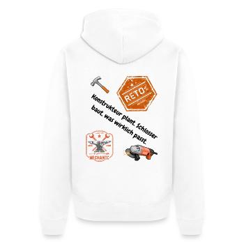 Schlosser Shirt: Passt nicht? Wird passend gemacht - Unisex Premium Bio Zip Hoodie - Weiß - Hinten - Thijin (182cm)