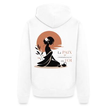 La paix commence avec vous – Silhouette Zen & Céré - Veste à capuche bio Premium Unisexe - blanc - Dos - Thijin (182cm)