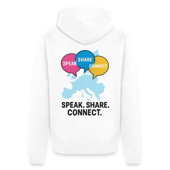 Connexion Europe des bulles de dialogue - Veste à capuche bio Premium Unisexe - blanc - Dos - Thijin (182cm)