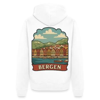 Autocollant de voyage vintage Bryggen Bergen Norvège - Veste à capuche bio Premium Unisexe - blanc - Dos - Thijin (182cm)