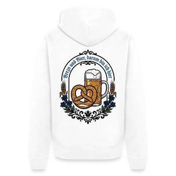Bayern Bierzelt | Brezn & Bier darum bin ich hier - Unisex Premium Bio Zip Hoodie - Weiß - Hinten - Thijin (182cm)