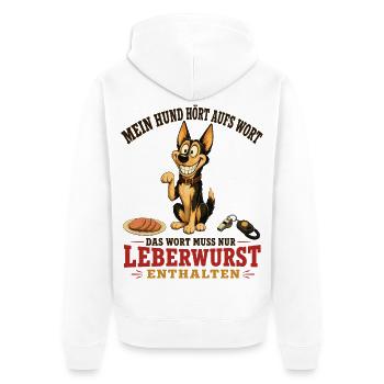 Mein Hund hört aufs Wort, mit Leberwurst - Unisex Premium Bio Zip Hoodie - Weiß - Hinten - Thijin (182cm)