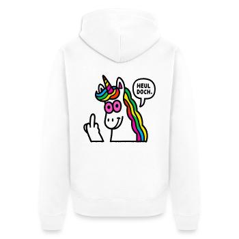 Regenbogen Unicorn Mittelfinger - Unisex Premium Bio Zip Hoodie - Weiß - Hinten - Thijin (182cm)