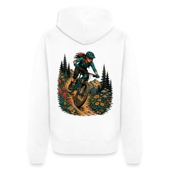 MTB Frau Trail Blumen Berge Bikerin Natur Outdoors - Unisex Premium Bio Zip Hoodie - Weiß - Hinten - Thijin (182cm)