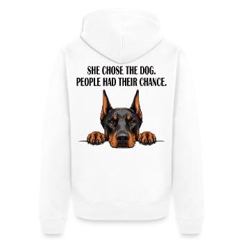 Lustige Mama Daubermann Sie wählte den Hund - Unisex Premium Bio Zip Hoodie - Weiß - Hinten - Thijin (182cm)