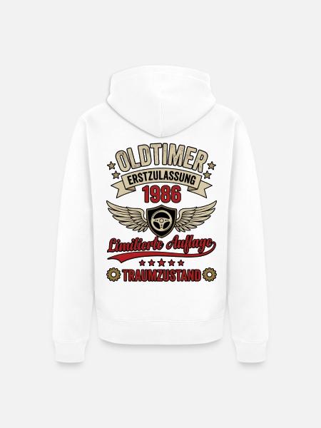 Oldtimer Erstzulassung 1986 Limited Edition  - Unisex Premium Bio Zip Hoodie - Weiß