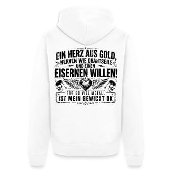 Ein Herz aus Gold, Nerven wie Drahtseile und einen - Unisex Premium Bio Zip Hoodie - Weiß - Hinten - Thijin (182cm)