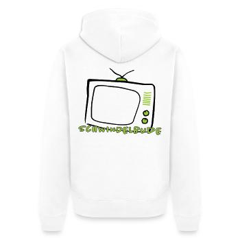 Medienkritik Shirt – Schwindelbude TV Satire State - Unisex Premium Bio Zip Hoodie - Weiß - Hinten - Thijin (182cm)