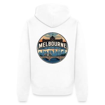 Emblème rétro de voyage rétro du tramway vintage de Melbourne - Veste à capuche bio Premium Unisexe - blanc - Dos - Thijin (182cm)