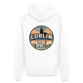 Badge rétro de voyage de la porte de Cracovie de Lublin - Veste à capuche bio Premium Unisexe - blanc - Dos - Thijin (182cm)