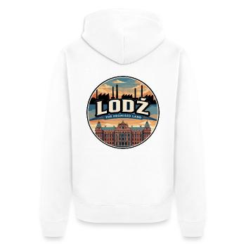 Retro Łódź Manufaktura Reiseabzeichen - Unisex Premium Bio Zip Hoodie - Weiß - Hinten - Thijin (182cm)