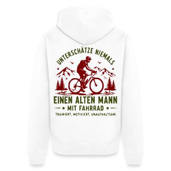 Unterschätze niemals alten Mann am Fahrrad - Unisex Premium Bio Zip Hoodie - Weiß - Hinten - Thijin (182cm)