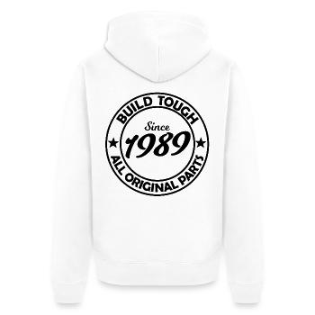 Zwei Sterne 1989 Silhouette - Unisex Premium Bio Zip Hoodie - Weiß - Hinten - Thijin (182cm)