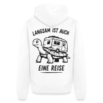 Langsam ist auch eine Reise – Schildkröte Caravan - Unisex Premium Bio Zip Hoodie - Weiß - Hinten - Thijin (182cm)
