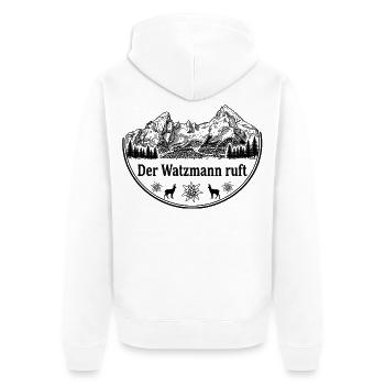 Watzmann T-Shirt – Der Watzmann ruft – Berg-Design - Unisex Premium Bio Zip Hoodie - Weiß - Hinten - Thijin (182cm)