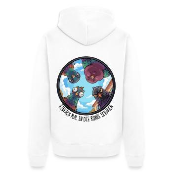 EINFACH MAL IN DIE RÖHRE SCHAUEN - bunte Tauben - Unisex Premium Bio Zip Hoodie - Weiß - Hinten - Thijin (182cm)