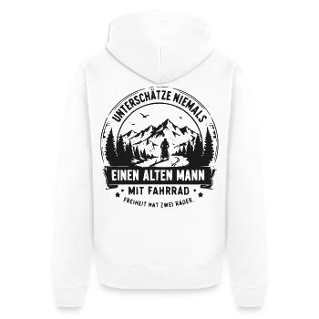 Alter Mann mit Fahrrad – Abenteuerszene - Unisex Premium Bio Zip Hoodie - Weiß - Hinten - Thijin (182cm)