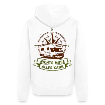 Camperkompass: Nichts Muss Alles Kann - Unisex Premium Bio Zip Hoodie - Weiß - Hinten - Thijin (182cm)
