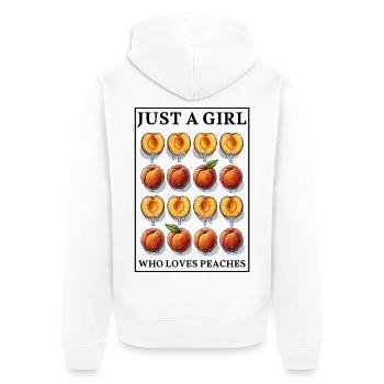 JUST A GIRL WHO LOVES PEACHES - Pfirsich im Rahmen - Unisex Premium Bio Zip Hoodie - Weiß - Hinten - Thijin (182cm)