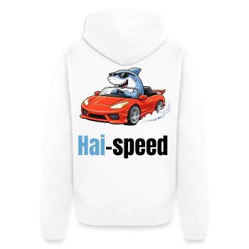 Haispeed | Cooler Cartoon-Hai im Sportwagen - Unisex Premium Bio Zip Hoodie - Weiß - Hinten - Thijin (182cm)