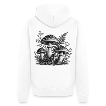 Linogravure vintage aux champignons forestiers - Veste à capuche bio Premium Unisexe - blanc - Dos - Thijin (182cm)
