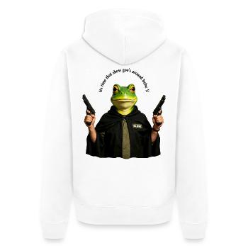 Frosch im Cape mit Pistolen - Unisex Premium Bio Zip Hoodie - Weiß - Hinten - Thijin (182cm)