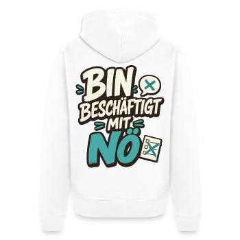 BIN BESCHÄFTIGT MIT NÖ - Unisex Premium Bio Zip Hoodie - Weiß - Hinten - Thijin (182cm)