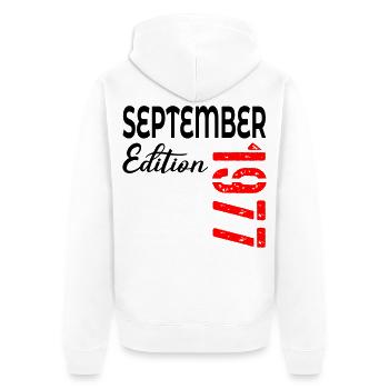 49e anniversaire - septembre 1977 - Veste à capuche bio Premium Unisexe - blanc - Dos - Thijin (182cm)
