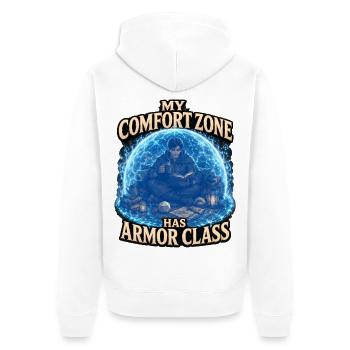 MEINE KOMFORTZONE HAT RÜSTUNGSKLASSE - Unisex Premium Bio Zip Hoodie - Weiß - Hinten - Thijin (182cm)
