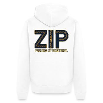 ZIP – Umarme alles | Ein Wortspiel mit einem Schloss - Unisex Premium Bio Zip Hoodie - Weiß - Hinten - Thijin (182cm)