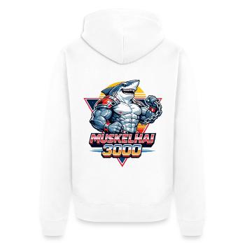 Muskelhai 3000 – Retro 80s Shark - Unisex Premium Bio Zip Hoodie - Weiß - Hinten - Thijin (182cm)